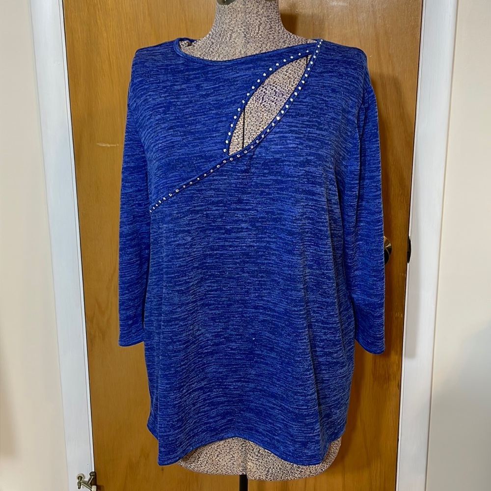 NY Collection NWT Womens 1X Heather Blue Sweater Opening on Chest